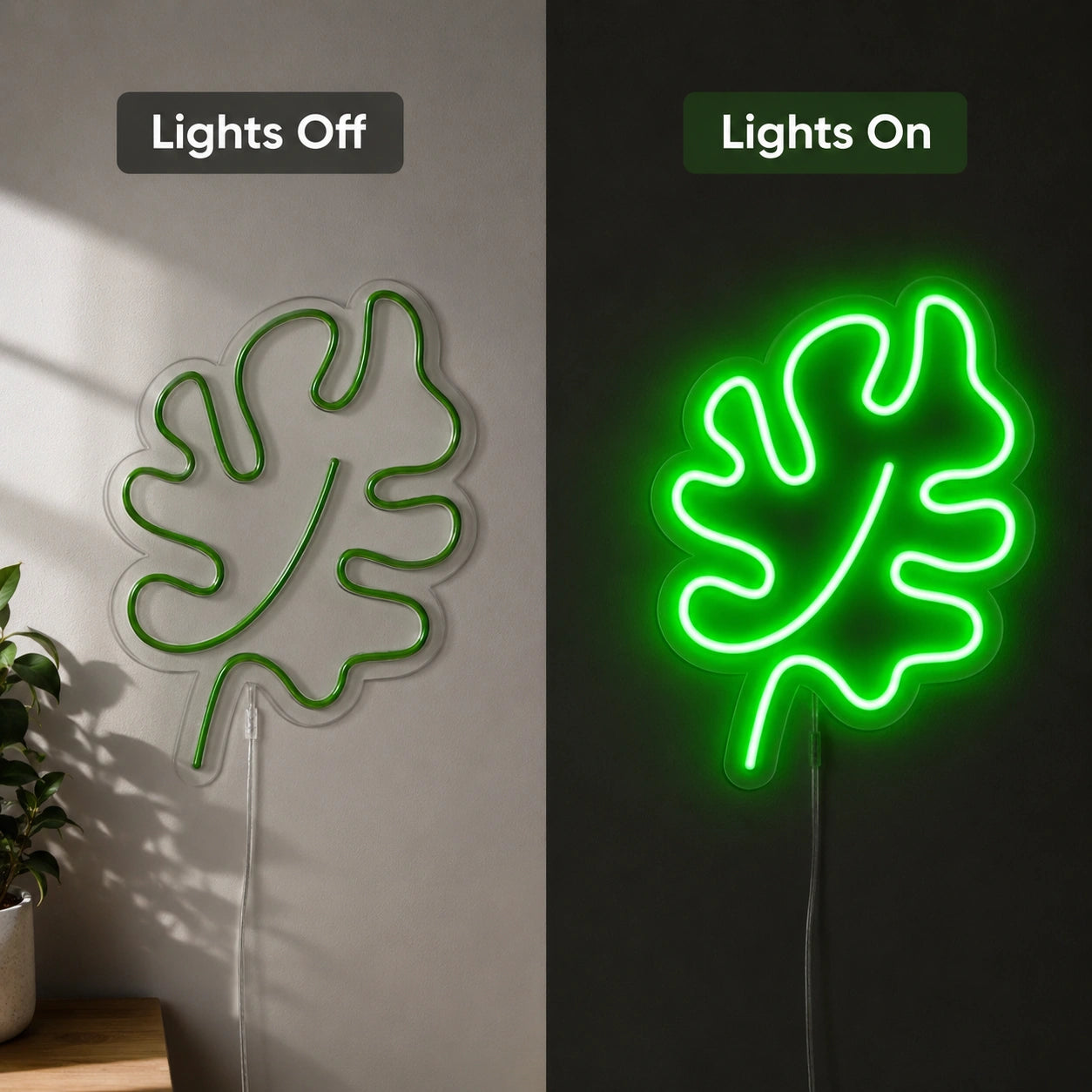 Oak Leaf Neon Sign LED Neon Sign day and night comparison