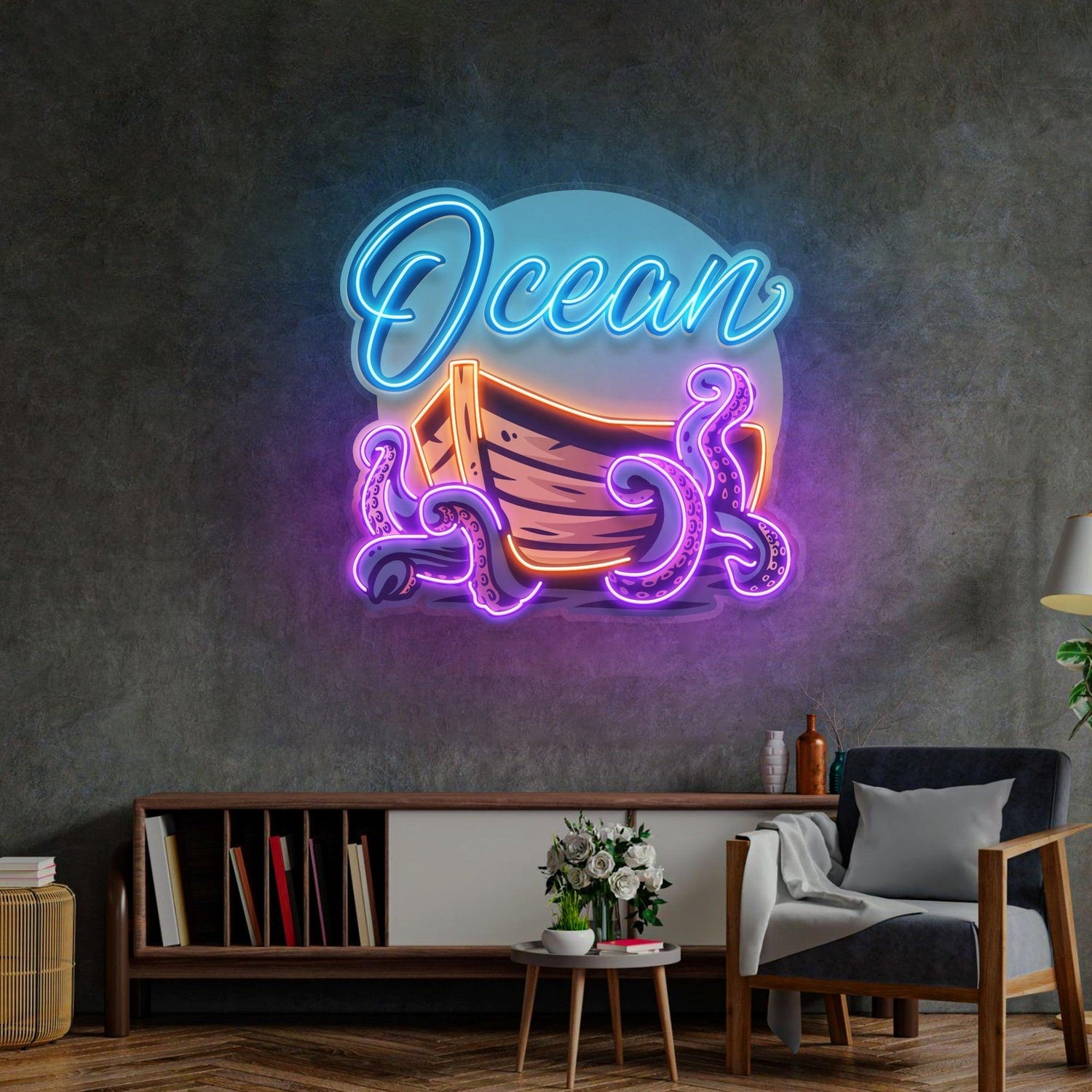 Ocean Labyrinth Ship And Octopus Uv Printed Led Neon Sign For Home Cafe Decor | Shineneon