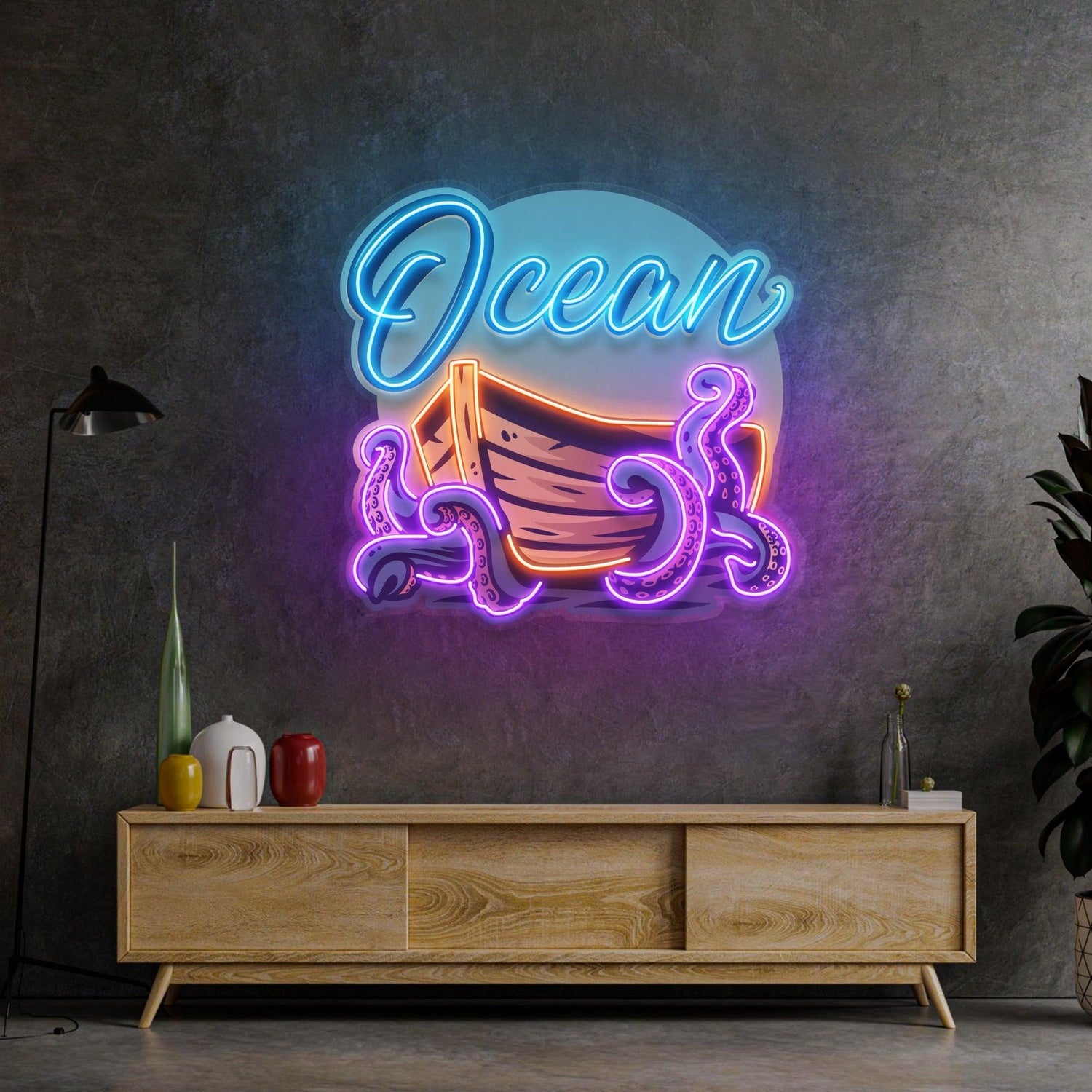Ocean Labyrinth Ship And Octopus Uv Printed Led Neon Sign For Home Cafe Decor | Shineneon