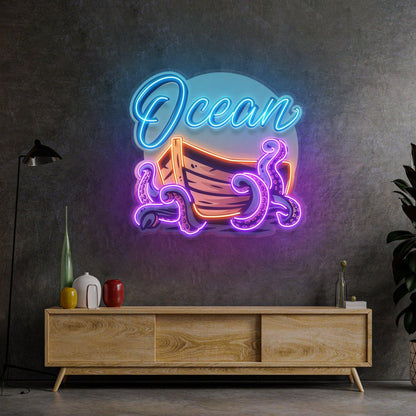 Ocean Labyrinth Ship And Octopus Uv Printed Led Neon Sign For Home Cafe Decor | Shineneon