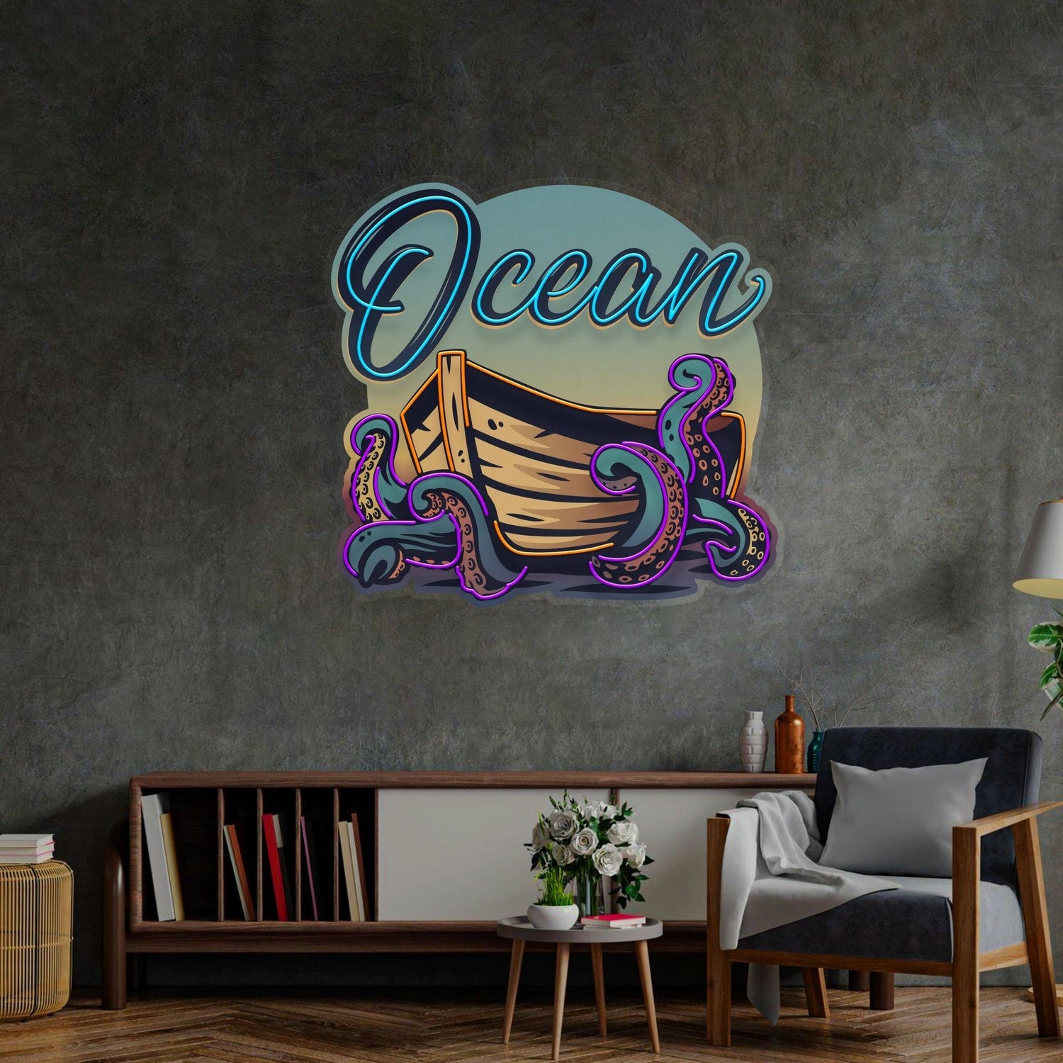 Ocean Labyrinth Ship And Octopus Uv Printed Led Neon Sign For Home Cafe Decor | Shineneon
