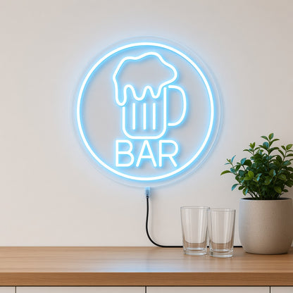 Bar with Beer Mug in a Circle LED Neon Sign