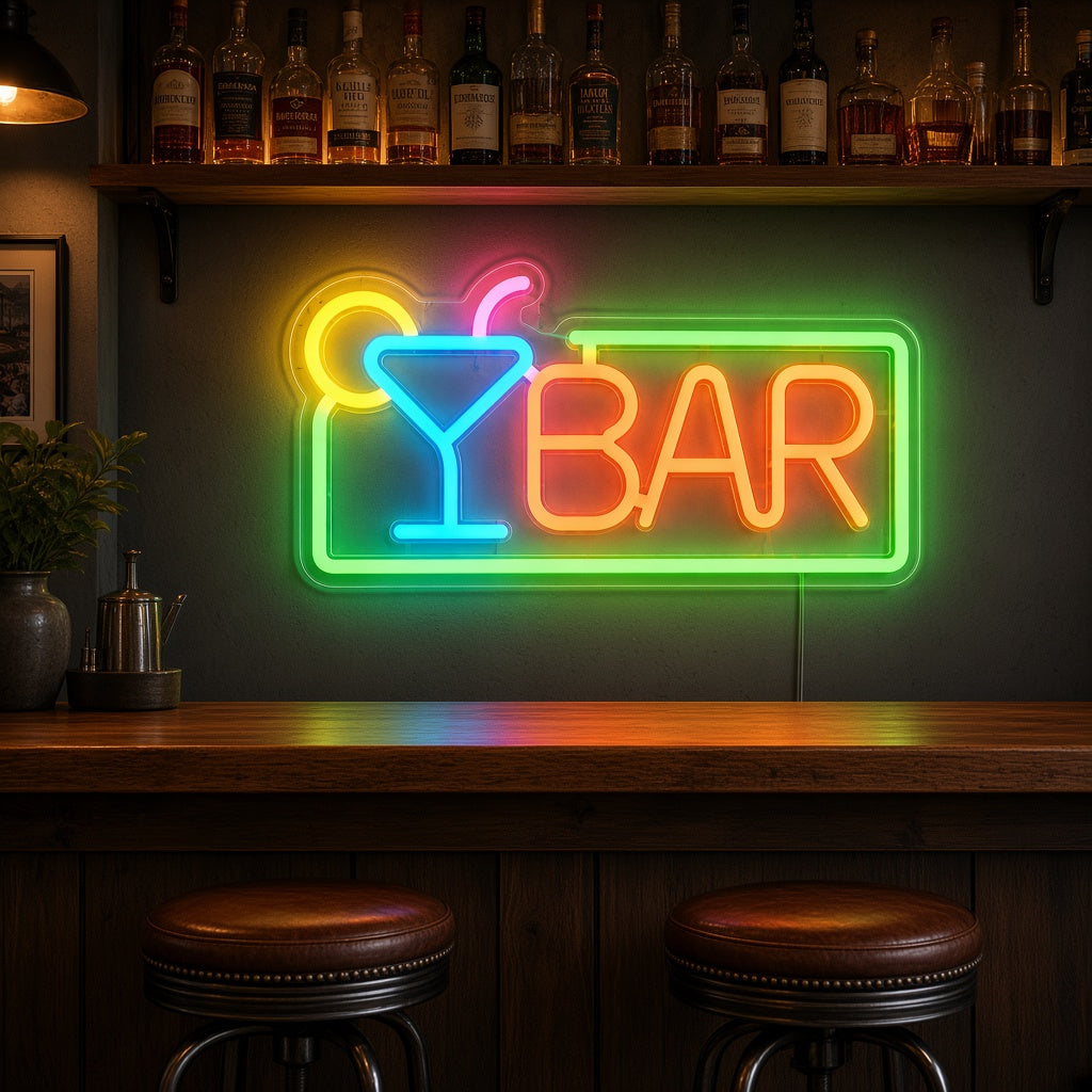 Bar with Cocktail Glass and Frame LED Neon Sign