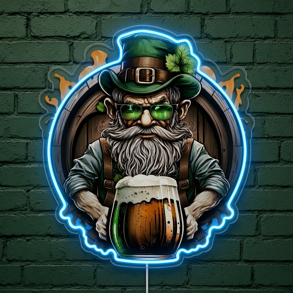 Bearded Leprechaun with Beer Mug and Barrel LED Neon Sign