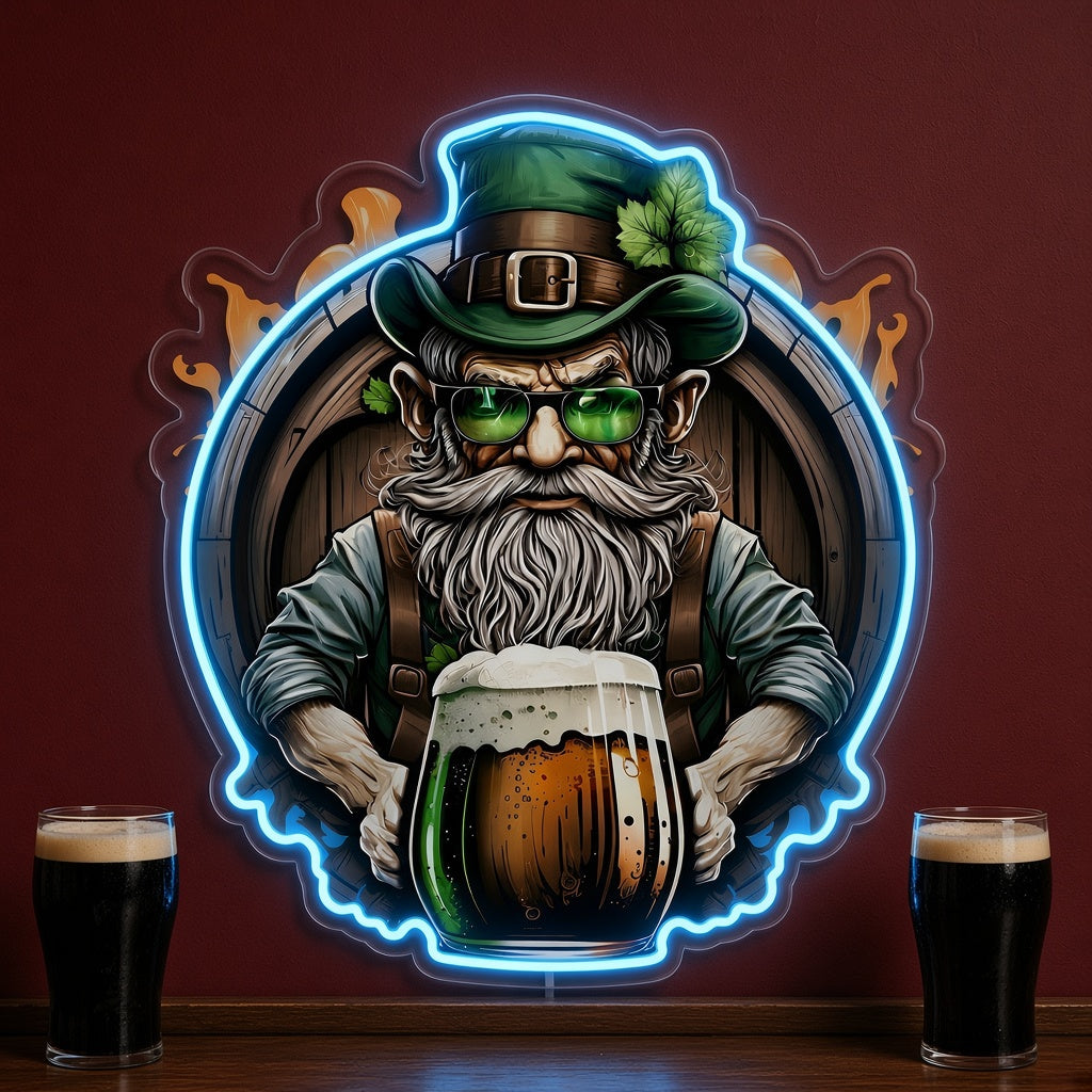 Bearded Leprechaun with Beer Mug and Barrel LED Neon Sign