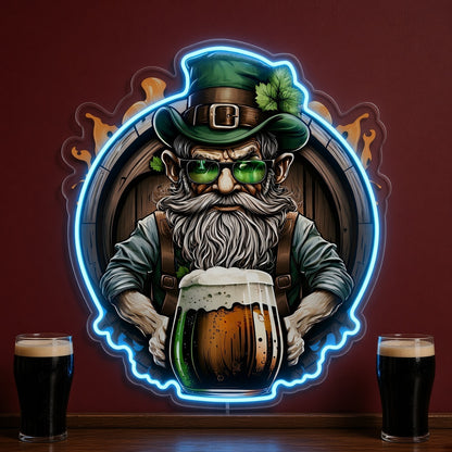 Bearded Leprechaun with Beer Mug and Barrel LED Neon Sign
