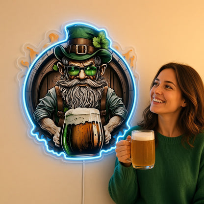 Bearded Leprechaun with Beer Mug and Barrel LED Neon Sign