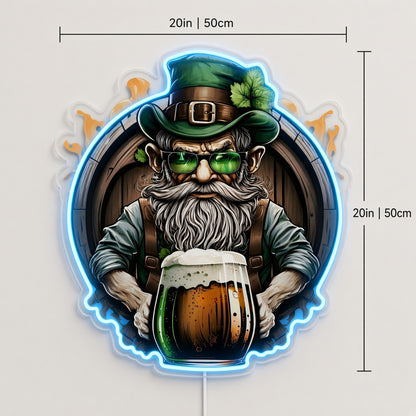 Bearded Leprechaun with Beer Mug and Barrel LED Neon Sign