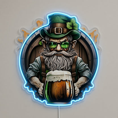 Bearded Leprechaun with Beer Mug and Barrel LED Neon Sign
