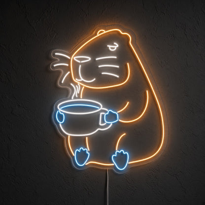 Capybara Holding Coffee Cup LED Neon Sign