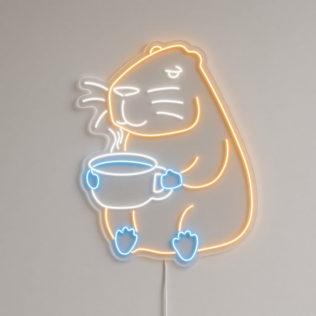 Capybara Holding Coffee Cup LED Neon Sign
