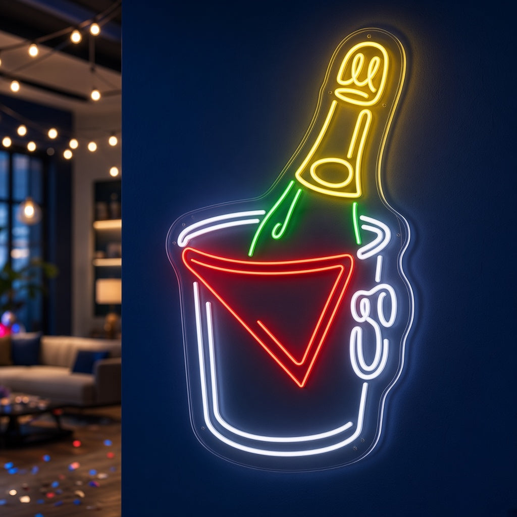 Champagne Bottle in Ice Bucket LED Neon Sign