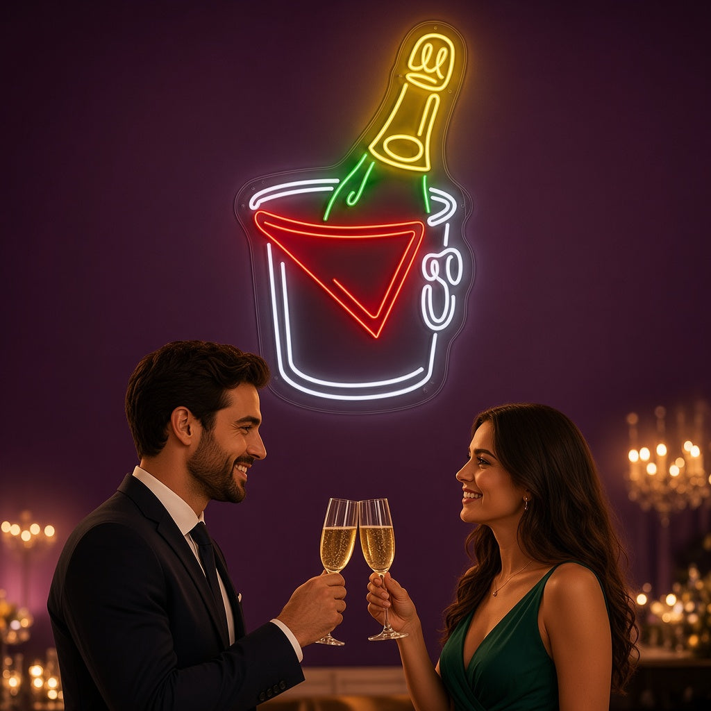 Champagne Bottle in Ice Bucket LED Neon Sign