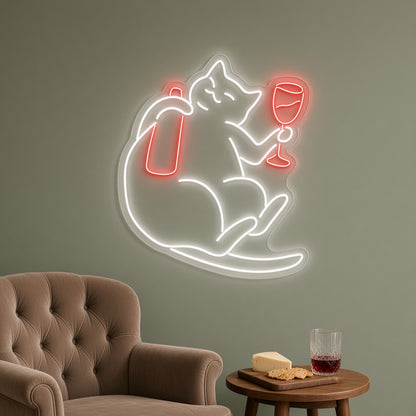 Chubby Cat with Wine Bottle and Glass LED Neon Sign