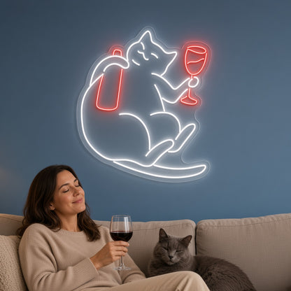 Chubby Cat with Wine Bottle and Glass LED Neon Sign