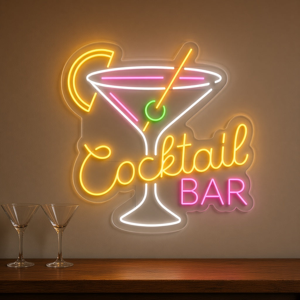 Cocktail Bar with Martini and Lemon LED Neon Sign