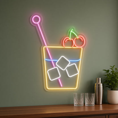 Cocktail Glass with Cherries and Ice Cubes LED Neon Sign