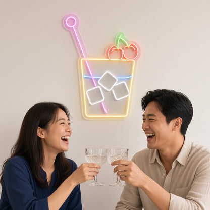 Cocktail Glass with Cherries and Ice Cubes LED Neon Sign
