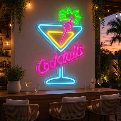 Cocktails with Martini Glass and Palm Leaves LED Neon Sign