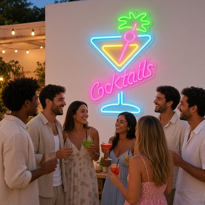 Cocktails with Martini Glass and Palm Leaves LED Neon Sign