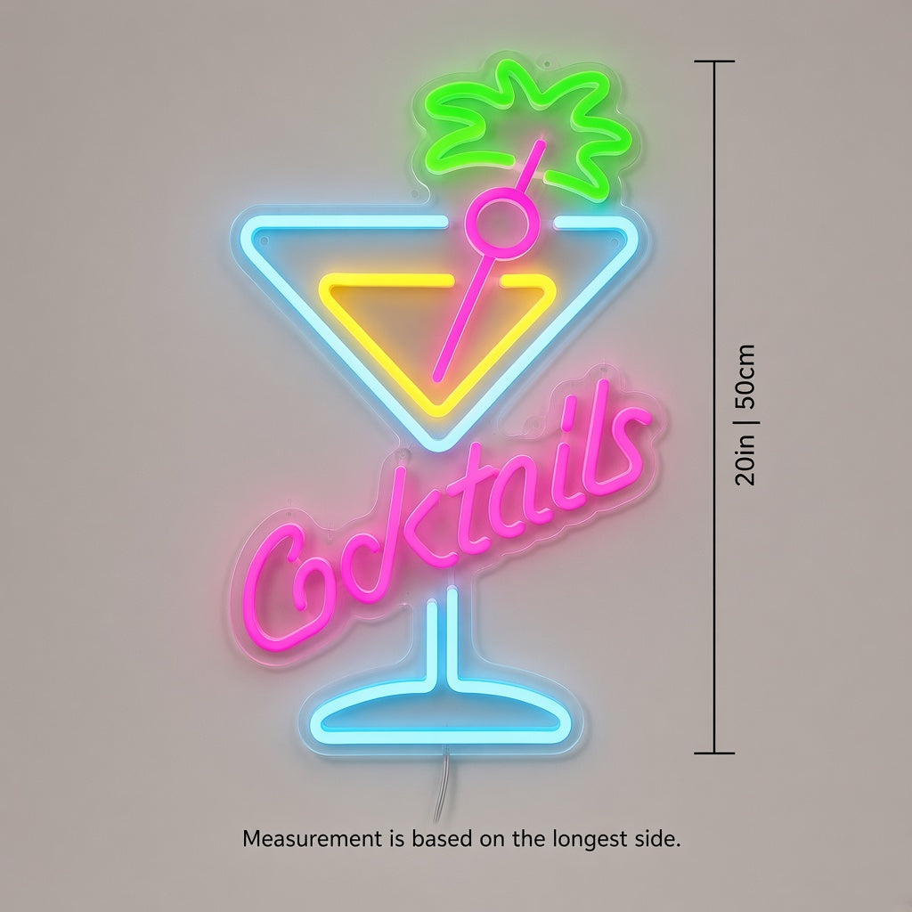 Cocktails with Martini Glass and Palm Leaves LED Neon Sign