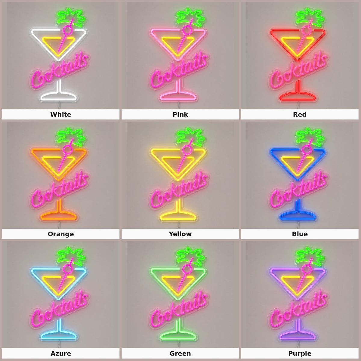Cocktails with Martini Glass and Palm Leaves LED Neon Sign