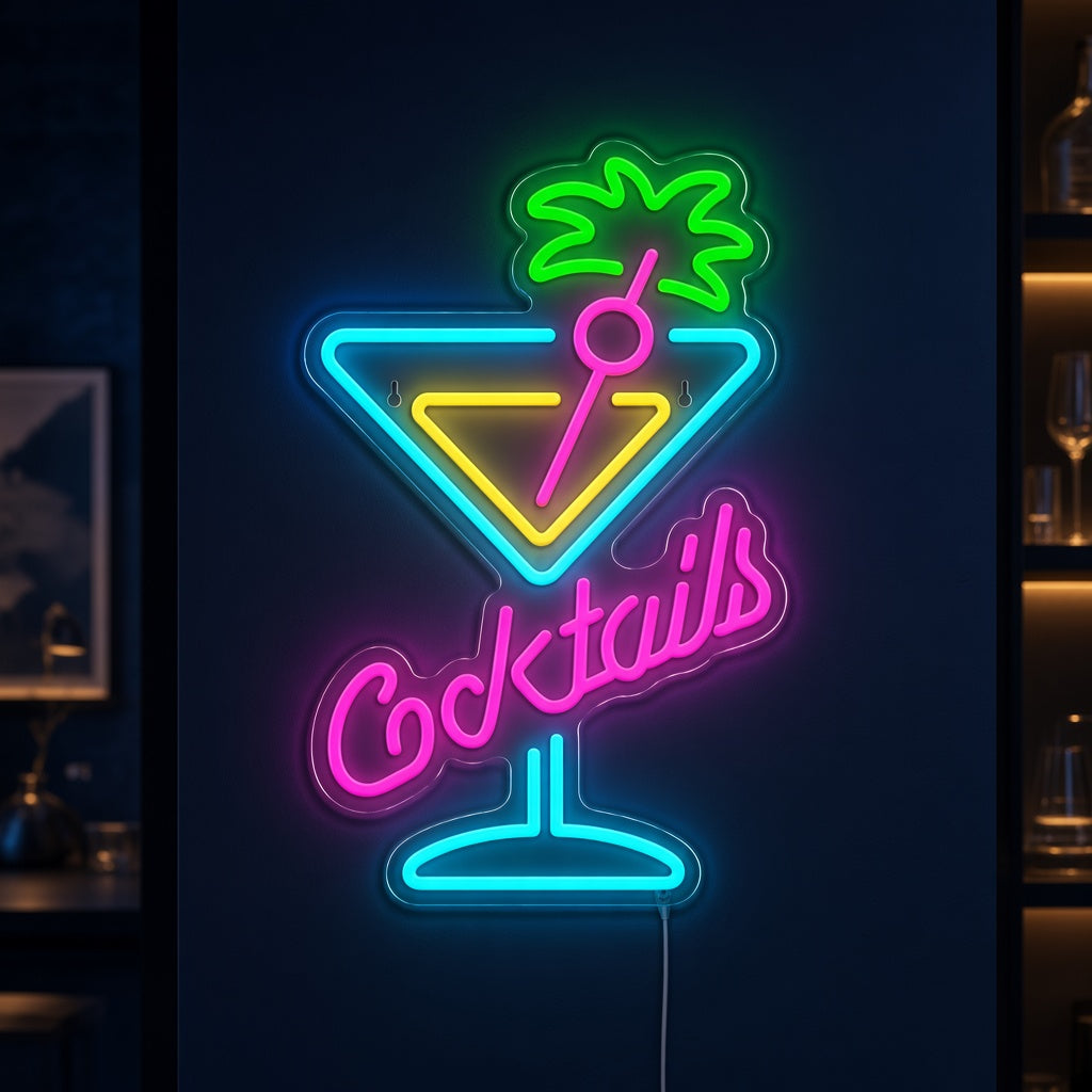Cocktails with Martini Glass and Palm Tree LED Neon Sign
