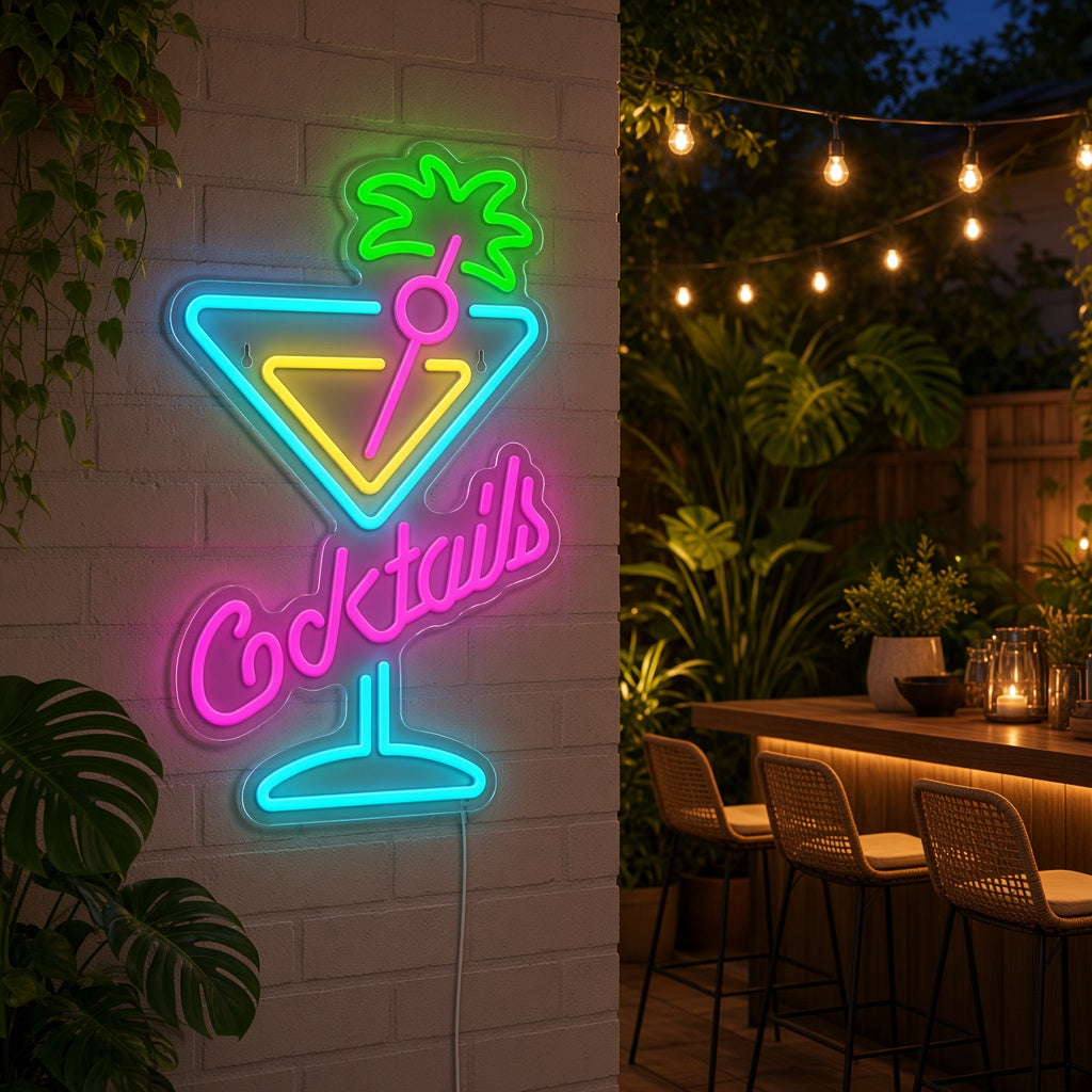 Cocktails with Martini Glass and Palm Tree LED Neon Sign