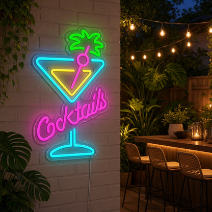 Cocktails with Martini Glass and Palm Tree LED Neon Sign