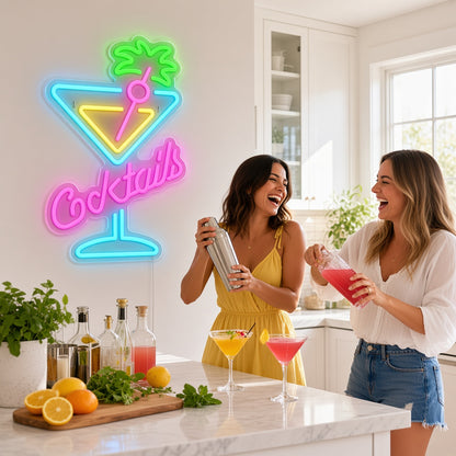 Cocktails with Martini Glass and Palm Tree LED Neon Sign
