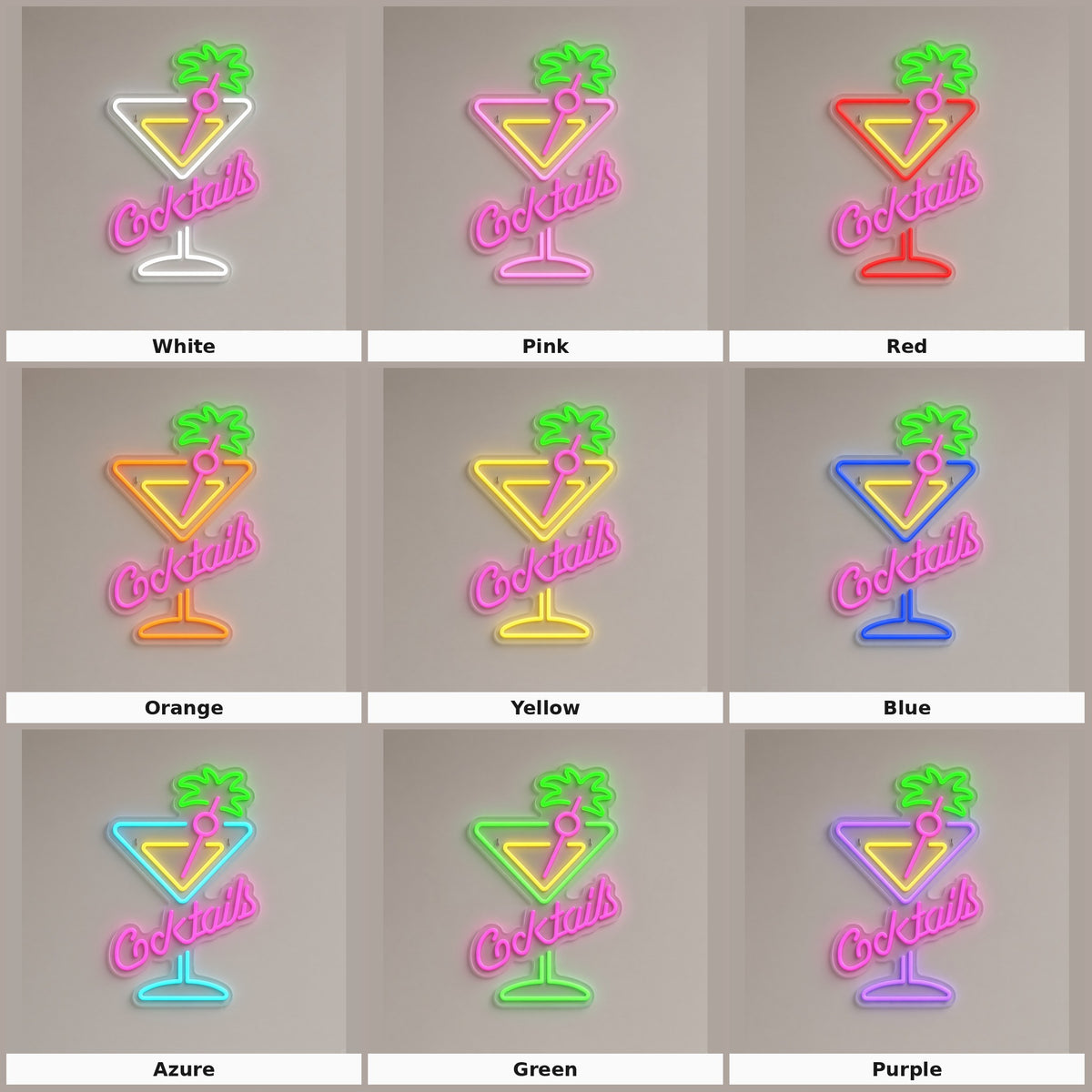 Cocktails with Martini Glass and Palm Tree LED Neon Sign