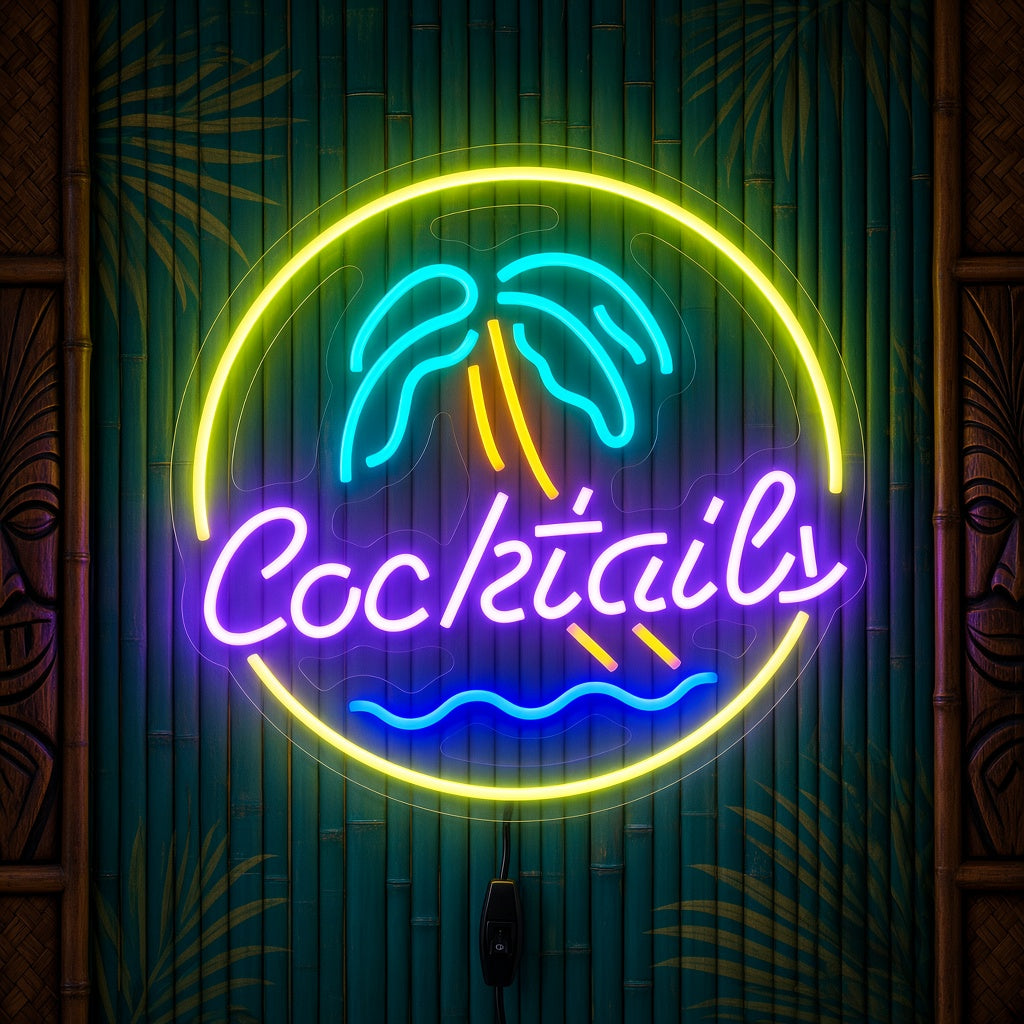 Cocktails with Palm Tree Circle LED Neon Sign
