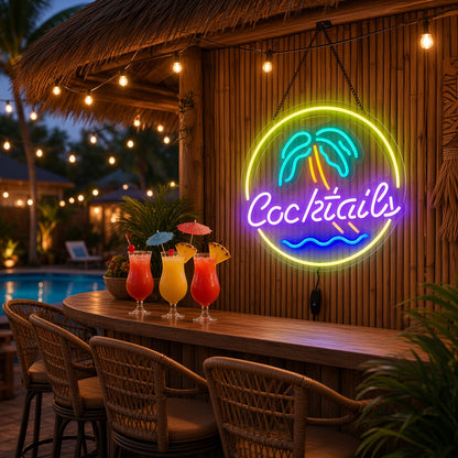 Cocktails with Palm Tree Circle LED Neon Sign