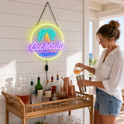 Cocktails with Palm Tree Circle LED Neon Sign