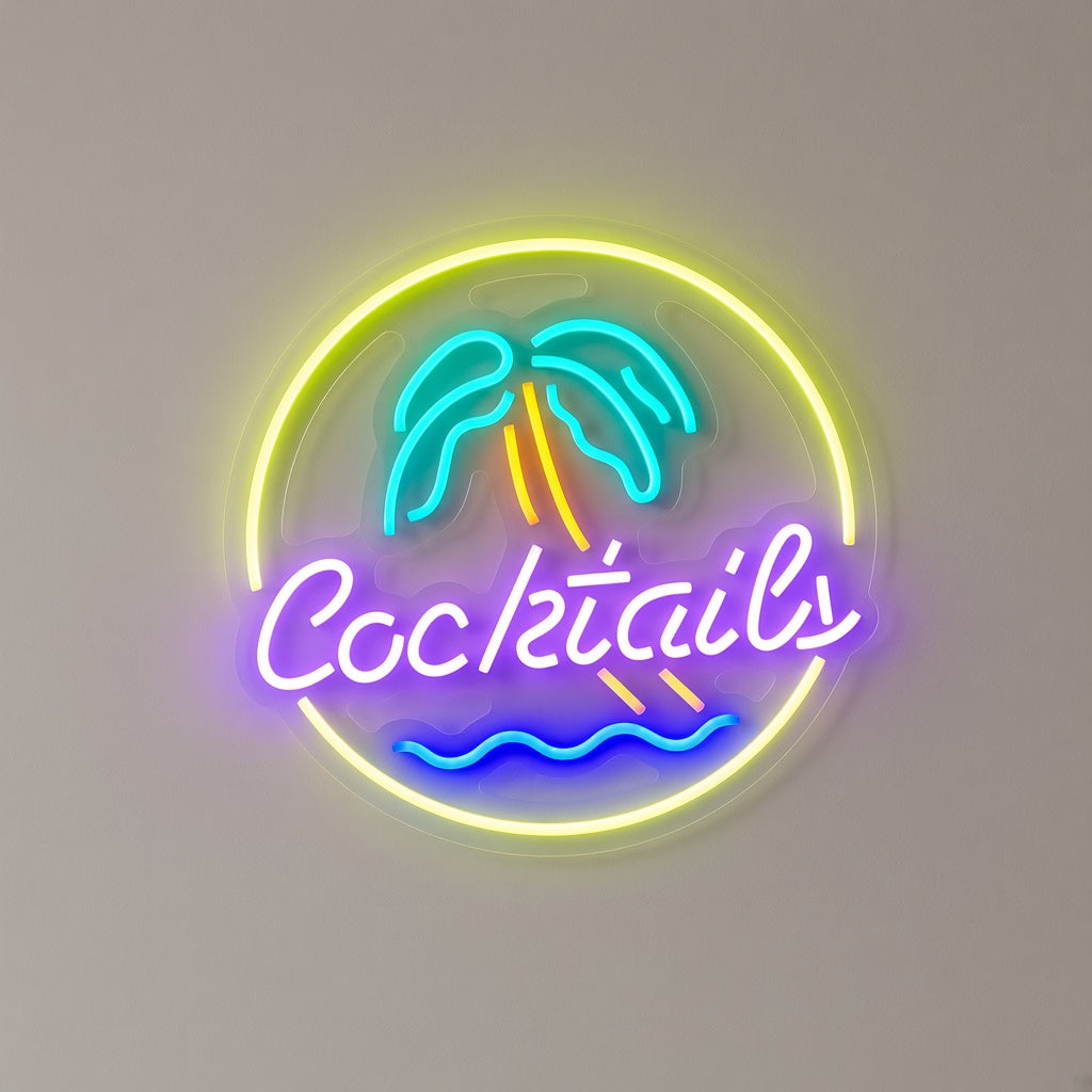 Cocktails with Palm Tree Circle LED Neon Sign