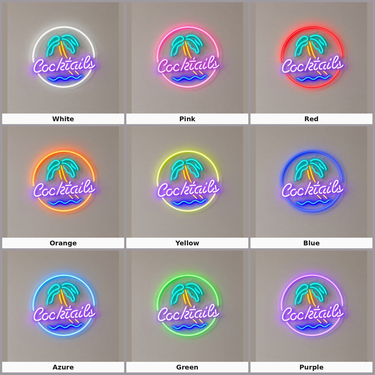 Cocktails with Palm Tree Circle LED Neon Sign