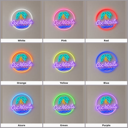 Cocktails with Palm Tree Circle LED Neon Sign
