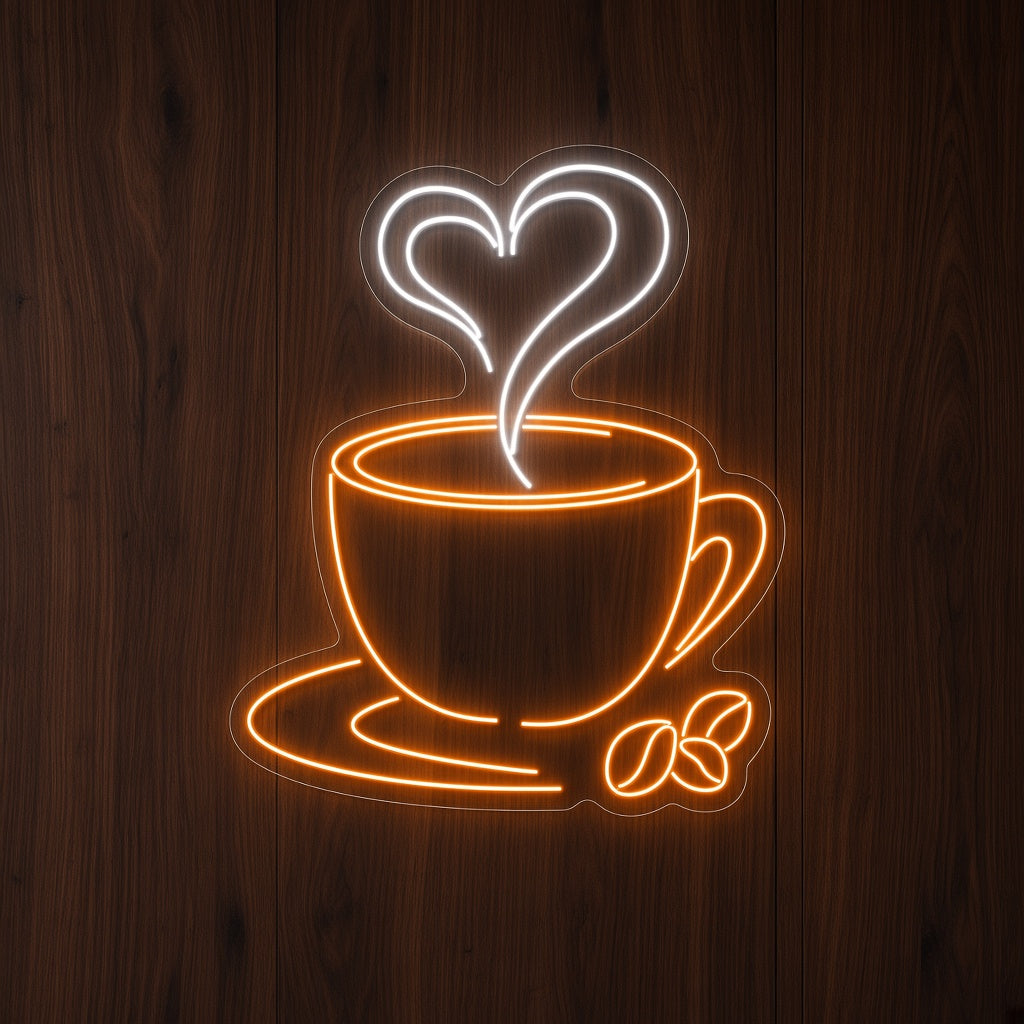 Coffee Cup with Heart Steam and Beans LED Neon Sign
