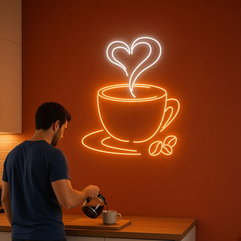 Coffee Cup with Heart Steam and Beans LED Neon Sign