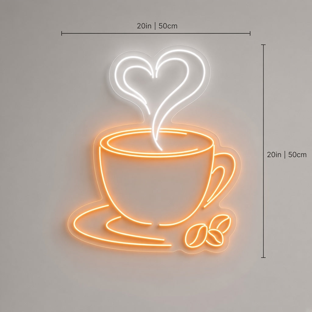 Coffee Cup with Heart Steam and Beans LED Neon Sign