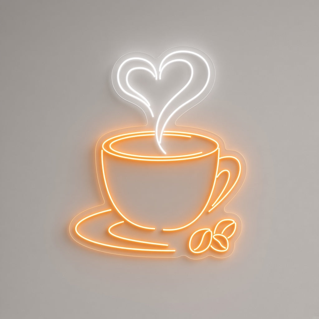 Coffee Cup with Heart Steam and Beans LED Neon Sign