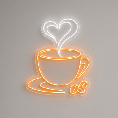 Coffee Cup with Heart Steam and Beans LED Neon Sign