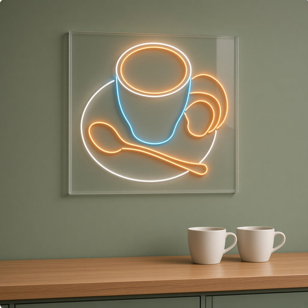Coffee Cup with Spoon and Croissant LED Neon Sign
