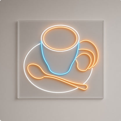 Coffee Cup with Spoon and Croissant LED Neon Sign