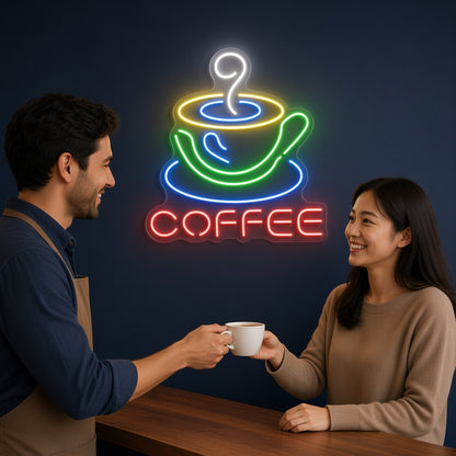 Coffee with Colorful Cup and Saucer LED Neon Sign