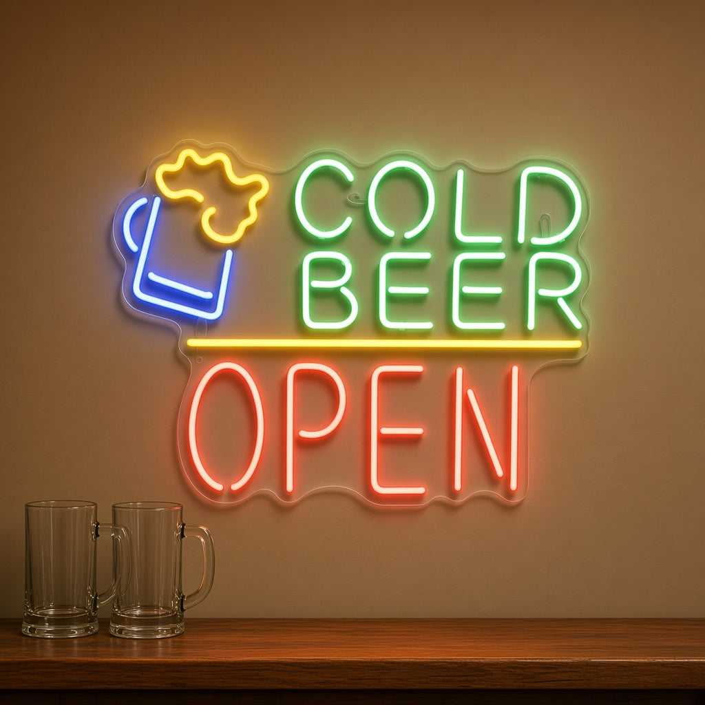 Cold Beer Open with Beer Mug LED Neon Sign