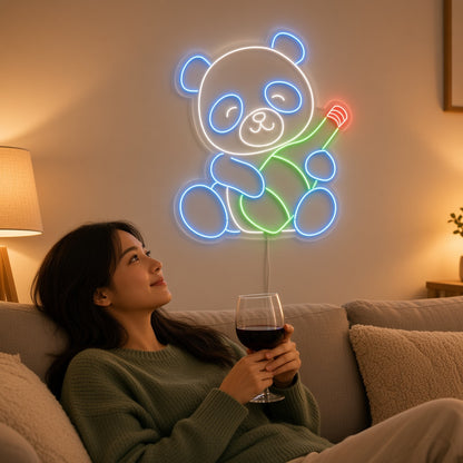 Cute Panda Hugging Wine Bottle LED Neon Sign