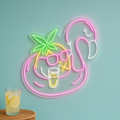 Flamingo Pool Float with Pineapple Cocktail LED Neon Sign