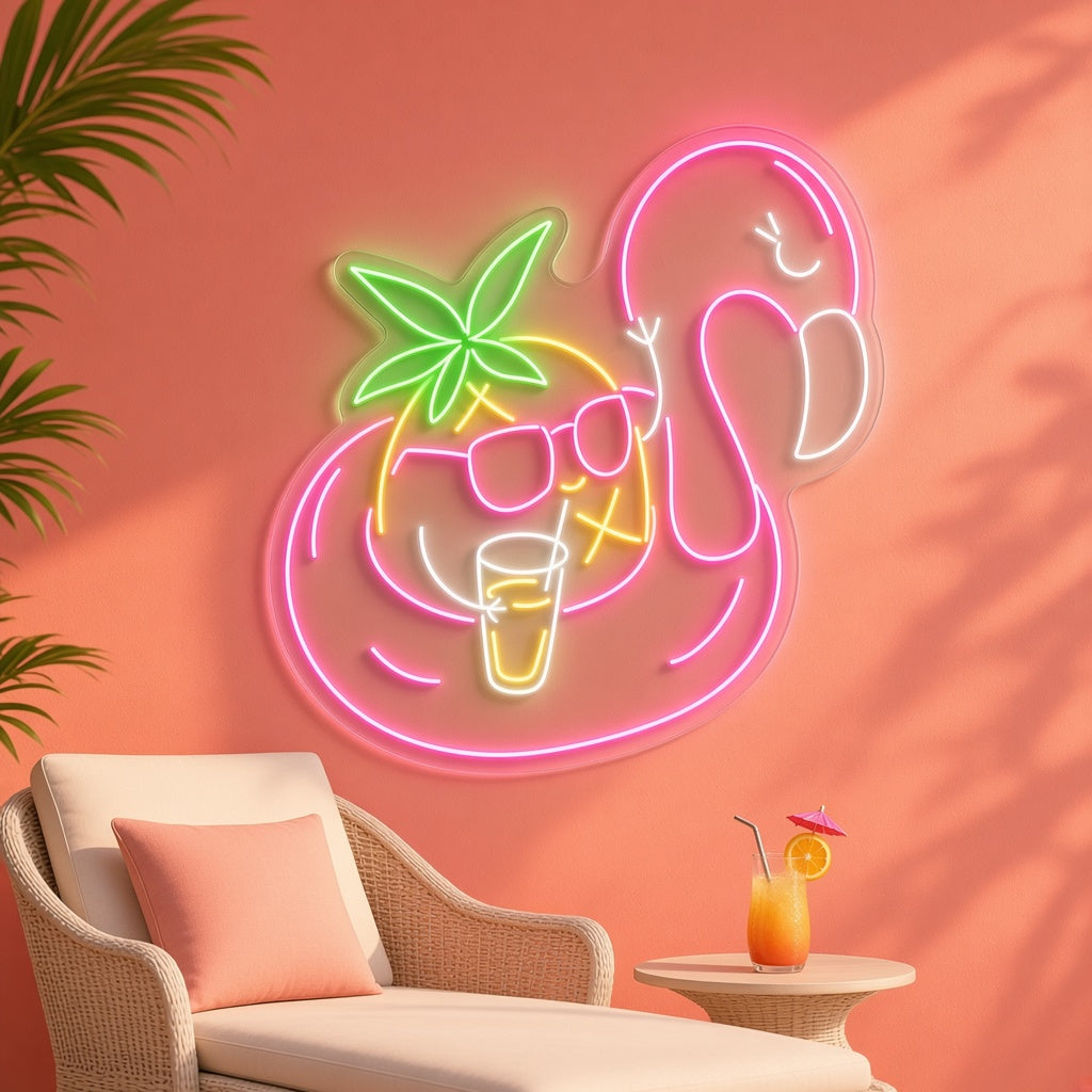 Flamingo Pool Float with Pineapple Cocktail LED Neon Sign