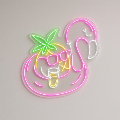Flamingo Pool Float with Pineapple Cocktail LED Neon Sign